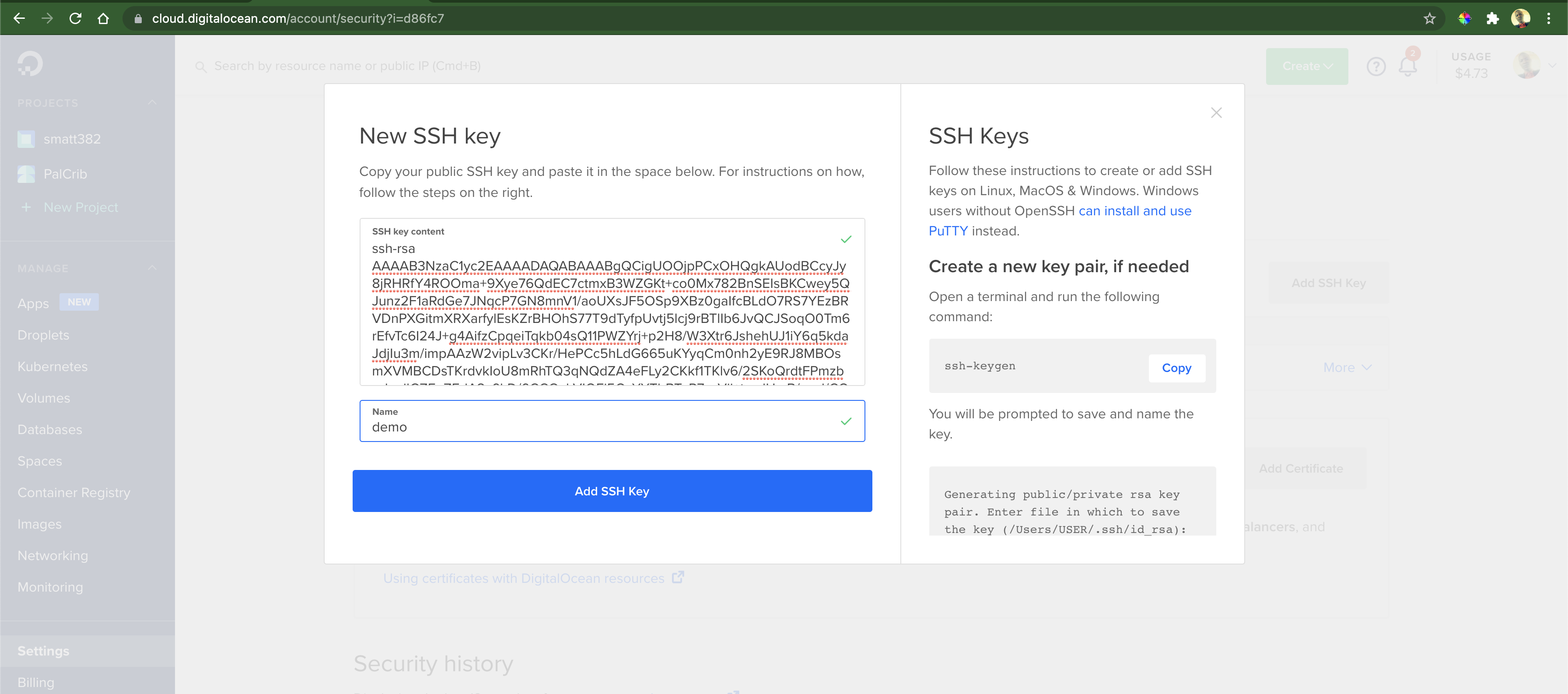 Digital ocean add ssh key page