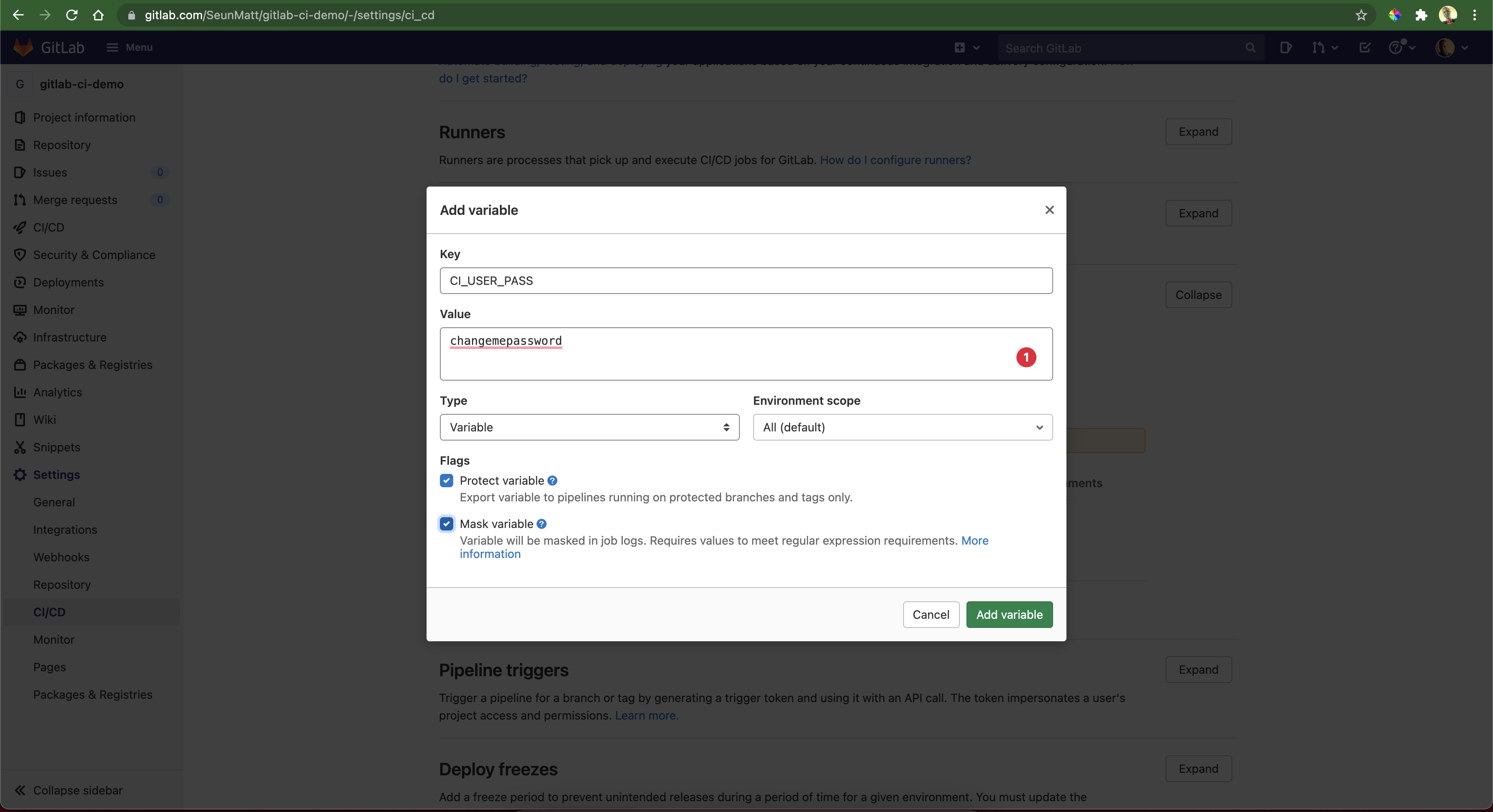 screenshot of gitlab variables page